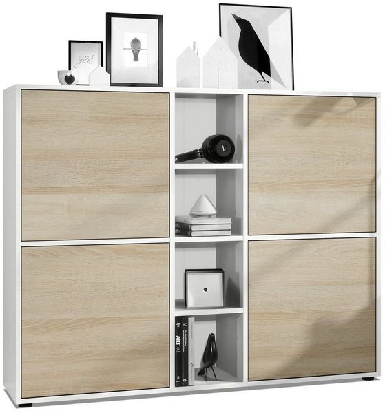 Vladon Highboard Cuba V3, Weiß matt/Eiche sägerau - Moderne Anrichte mit 12 Fächern (130,5 x 105,5 x 35,5 cm)