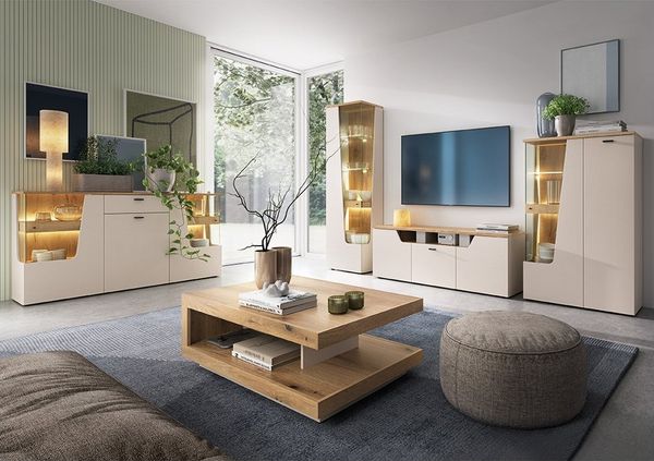Lomadox Wohnzimmer-Set CARMONA-129, (Mega-Spar-Set, 5-St, Couchtisch Highboard Lowboard Sideboard Vitrine), in Kaschmir und Eiche, inkl. LED-Beleuchtung