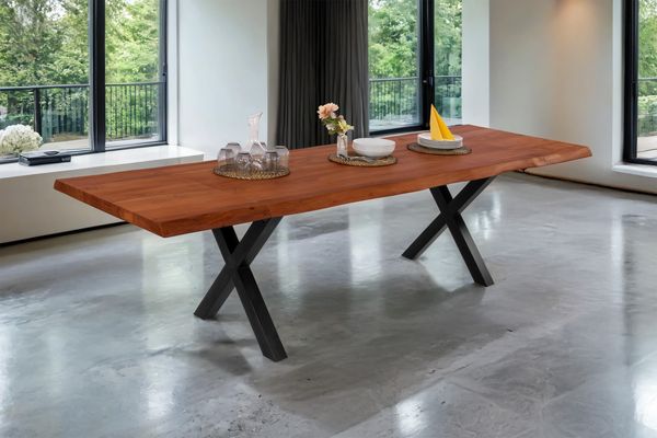 Esstisch Baumkante Akazie nuss 220 (320) x 100 X-Gestell schwarz mit Ansteckplatten CALI 150443170