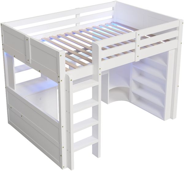 Merax Hochbett, 140x200cm, Kinderbett Holzbett Mit LED-Leuchten, Kleiderschrank, Schreibtisch, Schubladen, Staufächer, Ohne Matratze, Weiß Bild 9
