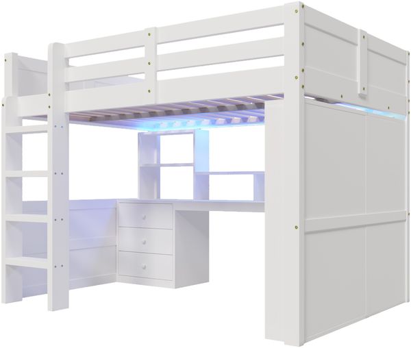 Merax Hochbett, 140x200cm, Kinderbett Holzbett Mit LED-Leuchten, Kleiderschrank, Schreibtisch, Schubladen, Staufächer, Ohne Matratze, Weiß Bild 7