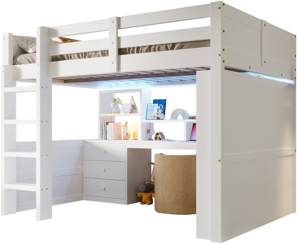 Merax Hochbett, 140x200cm, Kinderbett Holzbett Mit LED-Leuchten, Kleiderschrank, Schreibtisch, Schubladen, Staufächer, Ohne Matratze, Weiß Bild 10