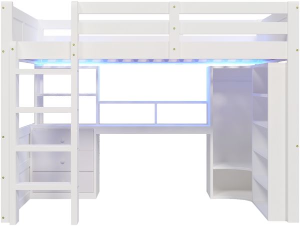 Merax Hochbett, 140x200cm, Kinderbett Holzbett Mit LED-Leuchten, Kleiderschrank, Schreibtisch, Schubladen, Staufächer, Ohne Matratze, Weiß Bild 8
