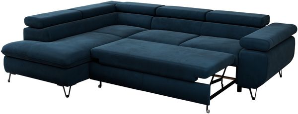 Mks Möbel 'Peter L-form' Ecksofa mit Bettfunktion, Bettkasten & einstellbaren Kopfstützen, Dunkelblau, Velours, links Bild 6