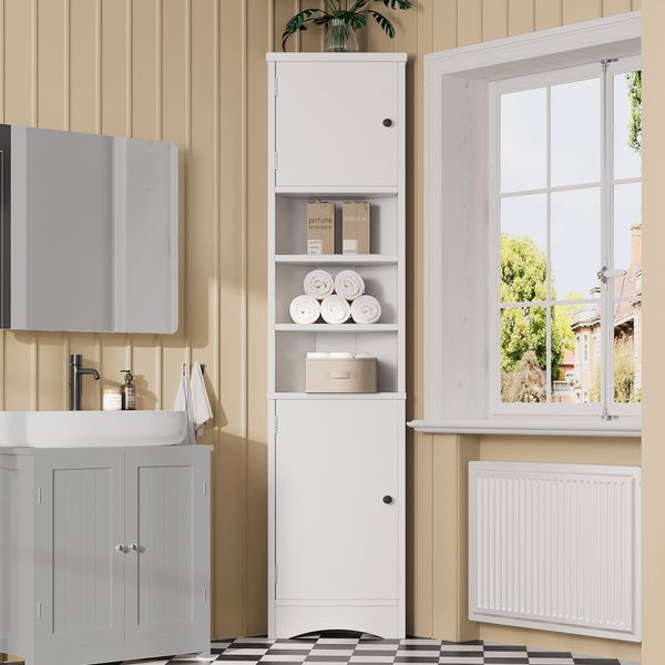 Flieks Eckschrank 37 x 24.5 x 170 cm, schmaler Badezimmerschrank, 2 Türen, 3 offene Fächer, verstellbare Böden, Eckhochschrank Bad weiß