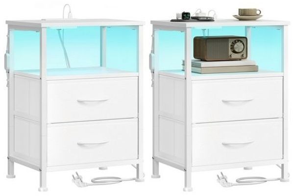 SONGMICS Nachttisch mit LED-Beleuchtung und Ladestation, 2er Set, Nachttisch mit 2 Schubladen und offenem Fach, weiß