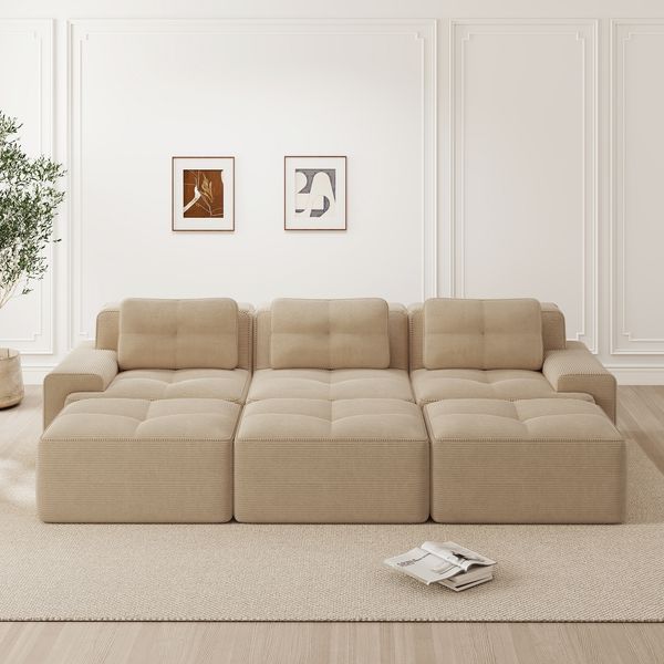 Sofa in Beige, modulares Cordsofa mit 32D-Schaum, tiefem Sitz und rutschfester Basis,69x293x177 cm