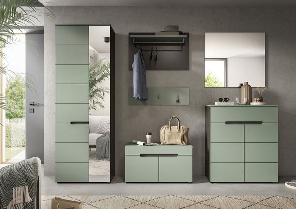 Home affaire Garderoben-Set Rehat, Garderobenkombination, Breite 255cm, (Set, 6-St, Garderobenschrank, Sitzbank, Paneel, Hakenleiste, Spiegel, Kommode), Garderobenkombination, Kombination, Set, Flurgarderobe, Diele