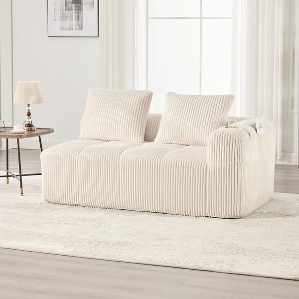 2-Sitzer Sofa, Cord mit Seitenfächern & Becherhaltern, 158x93x61 cm, Beige