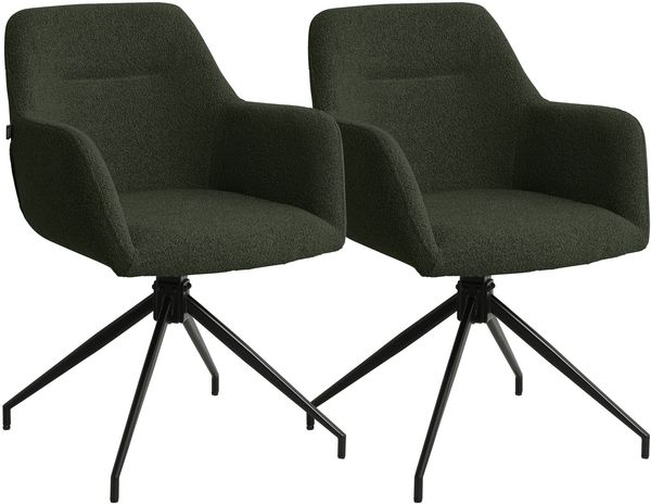 CLP 2er Set Esszimmerstühle Merlinda mit Teddystoff, 360° drehbar mit Armlehnen,dunkelgrün