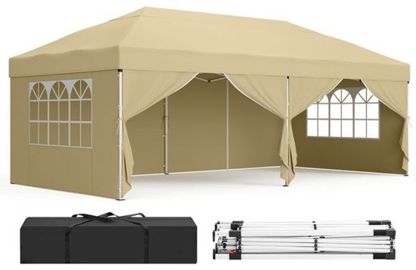 SONGMICS Faltzelt 6 x 3 m, mit Seitenwänden, stabil, tragbar, Pavillon für Garten, Hof, Party, Sonnenschutz, beige