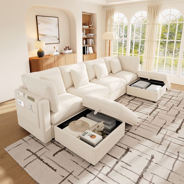 Merax U‑/L‑förmiges Ecksofa, 6‑Sitzer Modulsofa mit 2 beweglichen Fußhockern mit Stauraum, Armlehnen‑Seitentaschen und 4 Kissen; Chenille‑ und Waffelstruktur‑Stoff, Beige