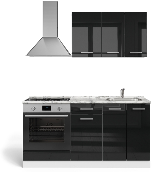 Singleküche R-Line Schwarz Hochglanz/Weiß 160 cm mit Herdumbauschrank und Spüle ohne AP Vicco