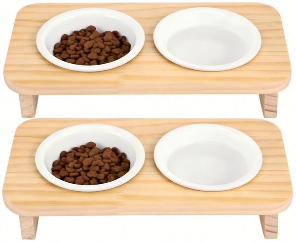 BlingBin Futternapf Doppelnapf, Katzen & kleine Hunde, 2 x Keramik Napf, je 200 ml, Keramik, 15° Neigung Ergonomischer Futterstation Katzen Napfset Hundenapf