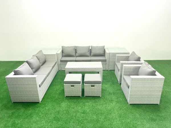 Fimous Gartenmöbelset Polyrattan mit 2 Sesseln Rechteckiger Couchtisch 2 kleine Fußhockern 2 Beistelltischen Hellgrau gemischt