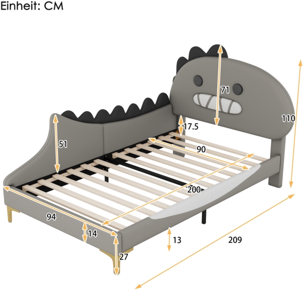 Kinderbett 90x200 cm in Cartoon-Dinosaurier-Form, graues Kunstleder-Bett mit stabilem Rahmen, Dinosaurierbett mit weichem Kopfteil Bild 5