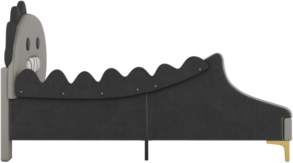 Kinderbett 90x200 cm in Cartoon-Dinosaurier-Form, graues Kunstleder-Bett mit stabilem Rahmen, Dinosaurierbett mit weichem Kopfteil Bild 8