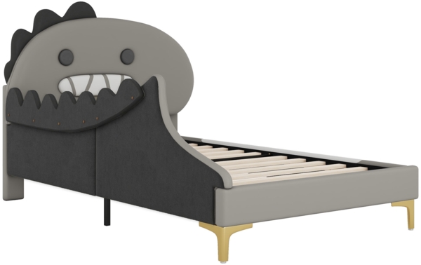 Kinderbett 90x200 cm in Cartoon-Dinosaurier-Form, graues Kunstleder-Bett mit stabilem Rahmen, Dinosaurierbett mit weichem Kopfteil Bild 9