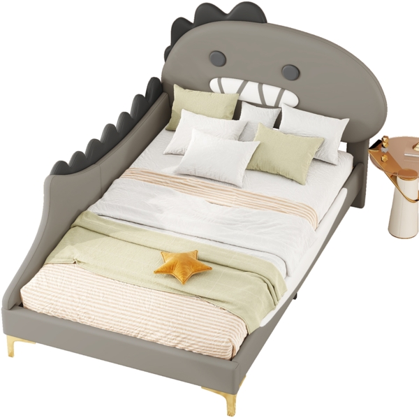 Kinderbett 90x200 cm in Cartoon-Dinosaurier-Form, graues Kunstleder-Bett mit stabilem Rahmen, Dinosaurierbett mit weichem Kopfteil Bild 6