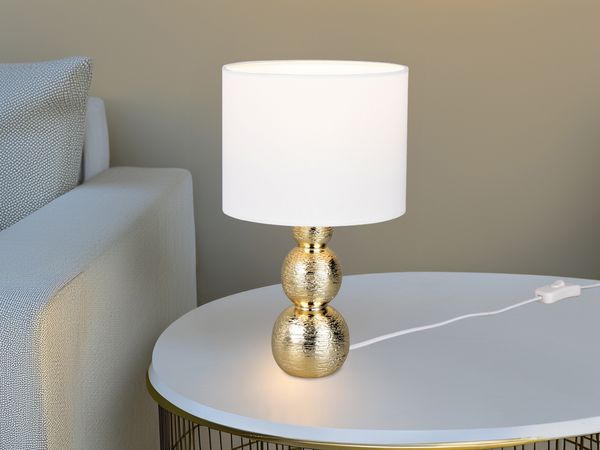 LED Tischlampe mit Keramikfuß Gold & Stoffschirm Weiß, Höhe 29cm