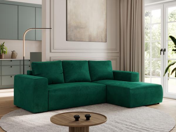 Ecksofa mit Schlaffunktion, Bettkasten und losen Kissen für das Wohnzimmer - TRENTINO - Dunkelgrün Velvet - rechts