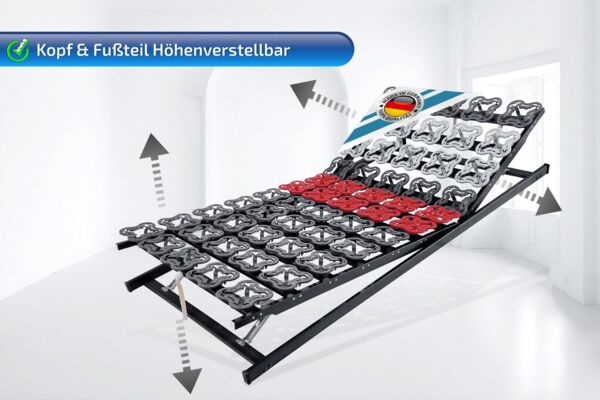 Tellerlattenrost anpassungsfähiger T-Flex, KF Lattenrost de Luxe bis 300 KG Tragkraft, Matratzen Perfekt, Kopfteil VERSTELLBAR, Fußteil VERSTELLBAR, Tellermodule im Hüftbereich verstellbar