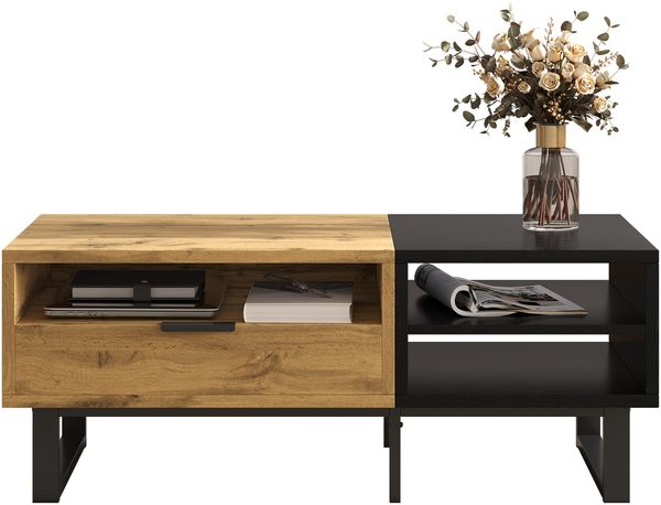Couchtisch, Wohnzimmertisch mit Farbblockstruktur, mit Fächern und Schubladen, Metallbeine.
