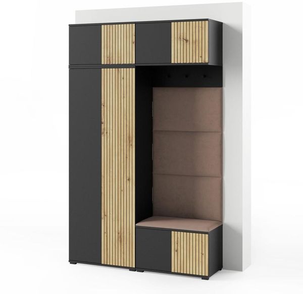 Garderoben-Set Rosario Version 3 mit Lamellen, Kleiderschrank mit Polsterplatten und Schuhschrank (Schwarz / Eiche Artisan, Trinity 05), 225 x 40 x 140 cm
