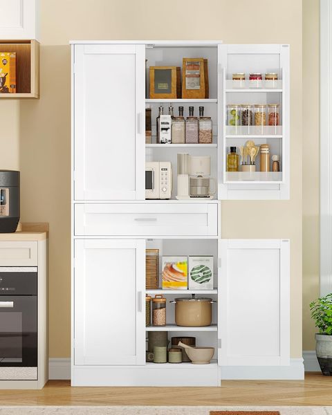 Buffetschrank, Küchenschrank mit 6-stufigem Türrückseiten-Regalsystem, Sideboard mit 4 Türen und 1 Großer Schublade, Modern Stil, Küche, Wohnzimmer, 40 x 80 x 180 cm, Weiß