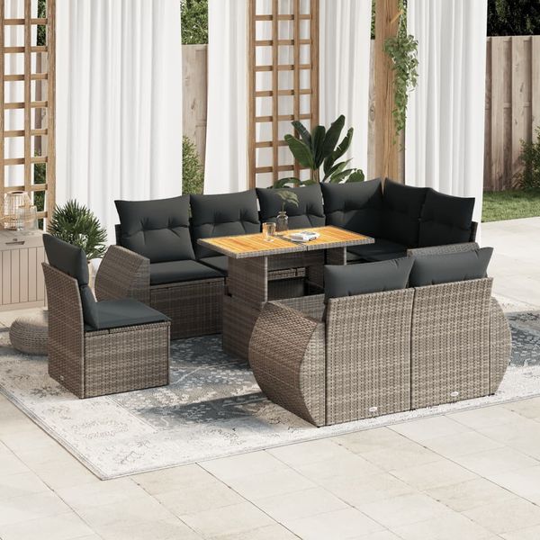 vidaXL 9-tlg. Garten-Sofagarnitur mit Kissen Grau Poly Rattan 3327280