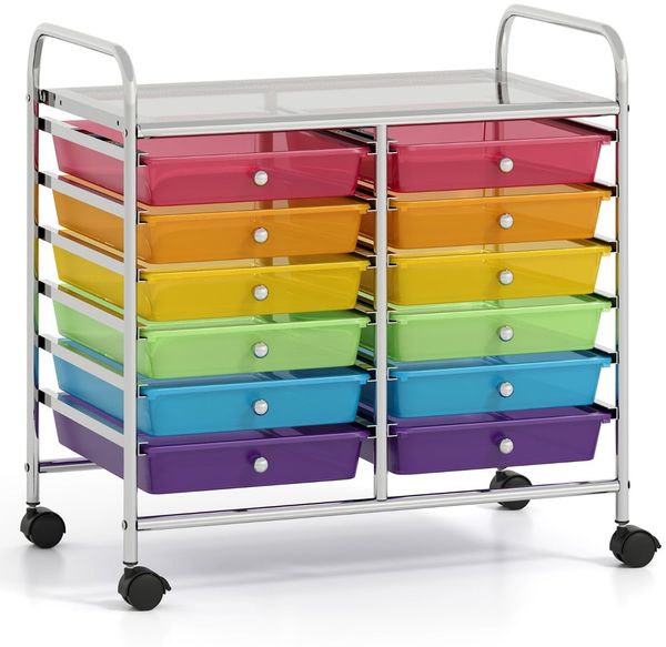 Rollwagen mit 12 Stapelbaren Schubladen & Ablagefläche Schubladenwagen Rollcontainer Badrollwagen Transparentes Bunt