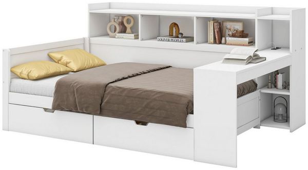 Flieks Kinderbett, Daybett 90x200cm mit Aufladenfunktion, 2 Schubladen und Schreibtisch