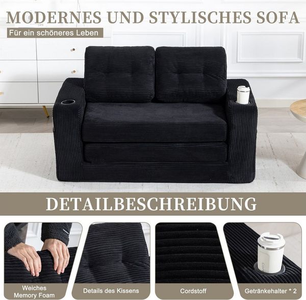 HAUSS SPOLE Schlafsofa Umbaufunktion,Modulares Bodensofa Zweisitzer,Wohnzimmer Cord Schwarz, Zweisitziges Sofa mit Seitentaschen und Getränkehaltern, umbaubarer Doppel-Sitzsack mit gesteppten Kissen und Rückenlehne Bild 4