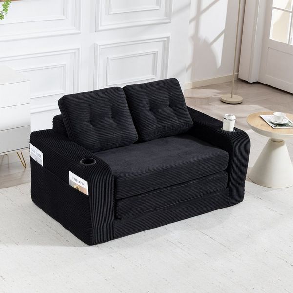HAUSS SPOLE Schlafsofa Umbaufunktion,Modulares Bodensofa Zweisitzer,Wohnzimmer Cord Schwarz, Zweisitziges Sofa mit Seitentaschen und Getränkehaltern, umbaubarer Doppel-Sitzsack mit gesteppten Kissen und Rückenlehne