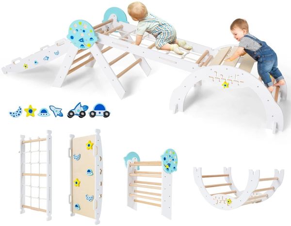 9 in 1 Montessori Klettergerüst Set mit Kletterbogen & Kletterseil & Leiter Holz Kletterdreieck Weiß