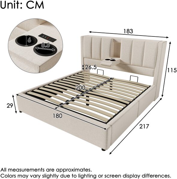 Breites Doppelbett mit integrierter Utility-Zone, Leinen, 180x200 cm, Beige, ohne Matratze Bild 10