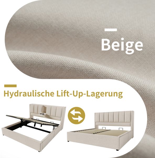 Breites Doppelbett mit integrierter Utility-Zone, Leinen, 180x200 cm, Beige, ohne Matratze Bild 8