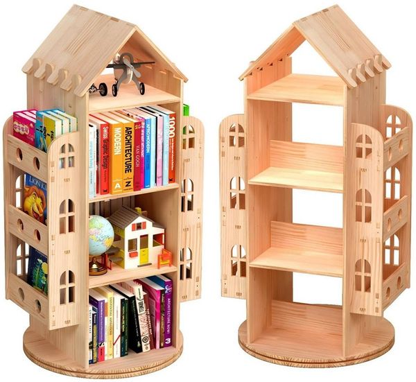 TUWENA Bücherregal 4 Massivholz Drehbares Bücherregal, 360 Grad Kinderregal, Standregal, Lagerregal Mit 4 Ebenen 2 Seitenregalen, Regal Hausform, 59 x 125 x 59 cm