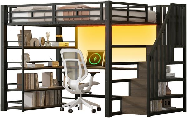 140x200 Metall-Hochbett mit Treppe, integriertem Schreibtisch, Staufächern, USB-Ladestation und LED-Licht, Schwarz