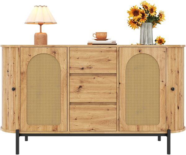 Ovaler Sideboard mit Rattan, Schiebetüren, Türen und Schubladen, verstellbare Fächer, Holzoptik, Metallbeinen, multifunktionaler Aufbewahrungsschrank