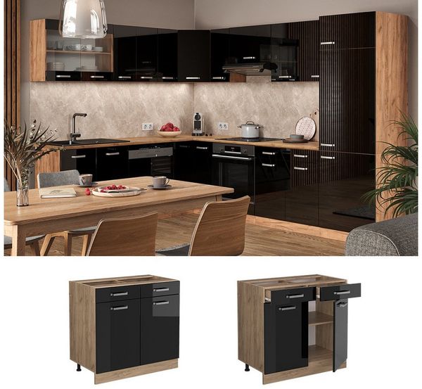 Küchenunterschrank R-Line Schwarz Hochglanz 80 cm ohne Arbeitsplatte Vicco Bild 2