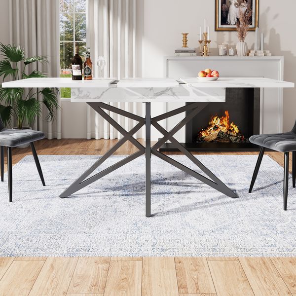 Esstisch mit Marmorimitat & Metallgestell, ausziehbar, 120/160 x 80 x 76 cm, Weiß