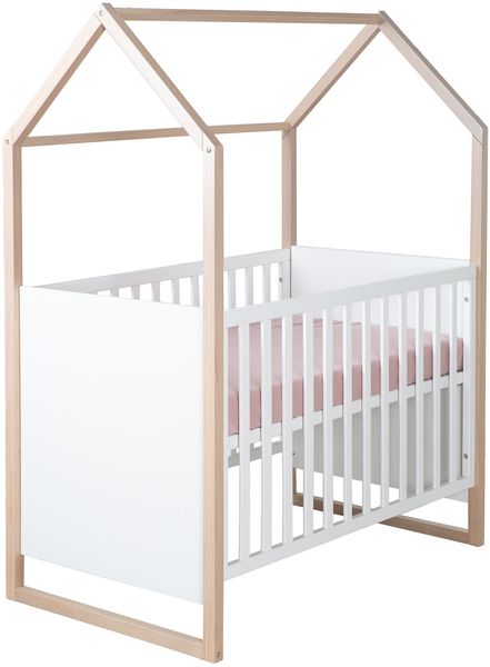 roba 2in1 Baby- & Beistellbett Cabane in Hausoptik - 60 x 120 cm - 6-fach Höhenverstellbar - 5 herausnehmbare Sprossen - Bicolor - Holz natur + Weiß
