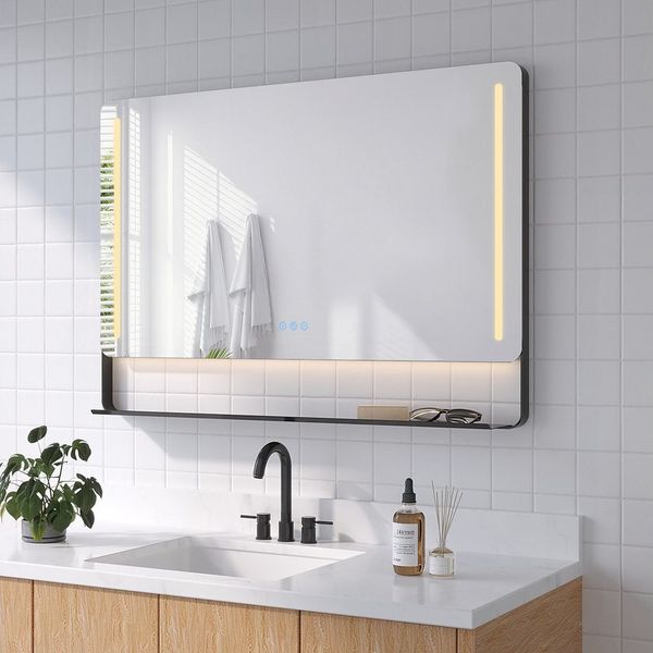AQUABATOS Wandspiegel Badspiegel Badezimmerspiegel mit LED Beleuchtung Ablage Lichtspiegel, 100x70 cm,dimmbar,Kaltweiß/Neutralweiß/Warmweiß,Anti-Beschlag,Schwarz