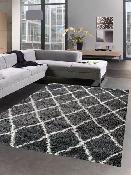 Carpetia Hochflor-Teppich Shaggy Teppich Wohnzimmerteppich Hochflor Langflor Rauten grau creme, rechteckig, Höhe: 40 mm