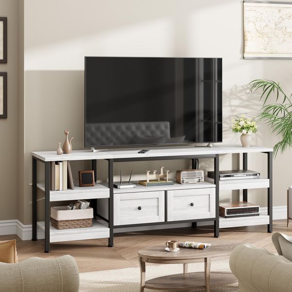 GarveeHome 200cm Langer TV-Ständer, Vintage-TV-Möbel Mit Metallgestell, TV-Schrank Mit Offenen Ablagefächern Und 2 Schubladen, Für Wohnzimmer Und Schlafzimmer