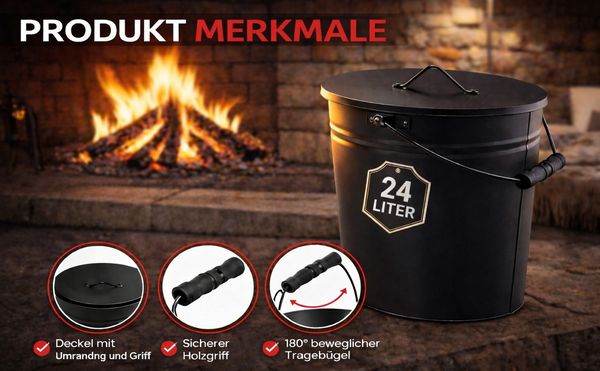 El Fuego Mülleimer El Fuego® Ascheeimer Kamineimer mit Deckel, 24 Liter