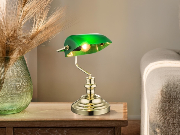 Retro LED Schreibtischleuchte Messing mit Glasschirm Grün, Höhe 36cm
