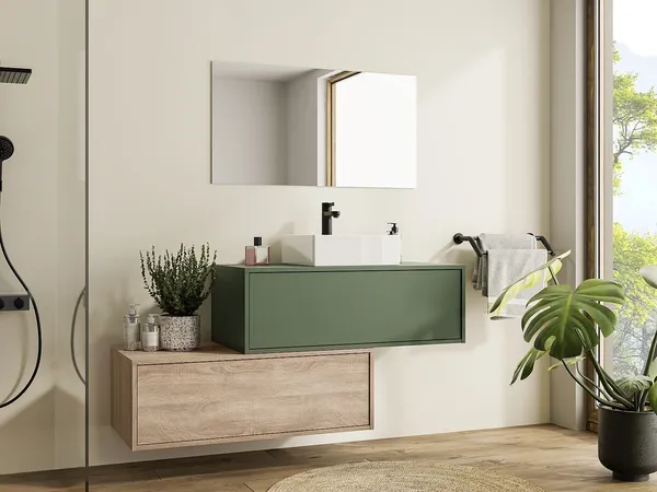 Vente-unique - TEANA Waschbeckenmöbel Holz, Platte GrünBeige - B 47 cm x H 32 cm x L 94 cm