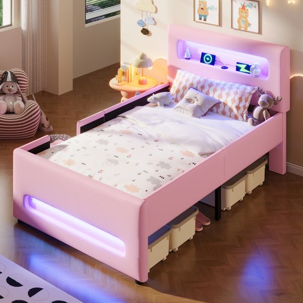 Polsterbett mit Treppe, Schublade & LED, 90x200 cm, Rosa, ohne Matratze